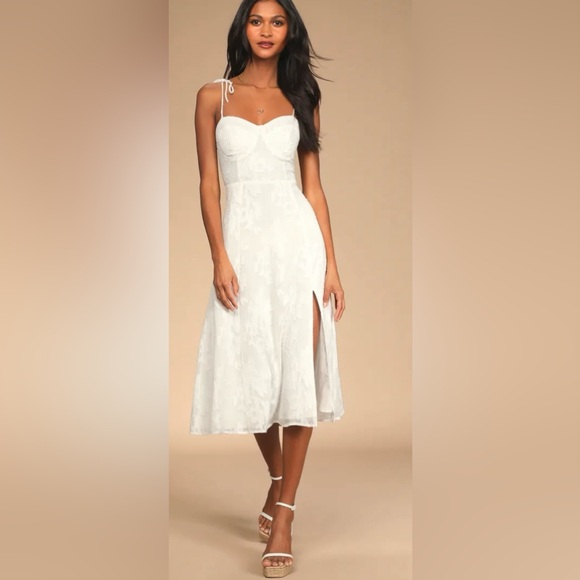 Jacquard Tie Sleeve Ivory Lulus Floral Metallic Stitched Dress-Size Medium - Picture 1 of 16